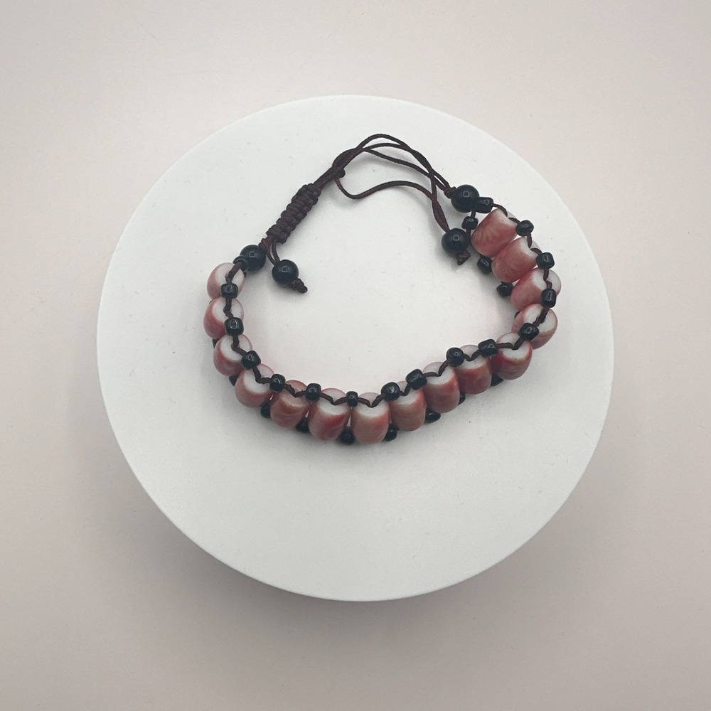 Vintage 90s Style Glass Barrel Bead Bracelet Orange & Black Cord Cuff Jewelry